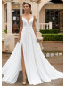 Double Strap White Lace Chiffon Side Split Boho Wedding Dress Double Strap White Lace Chiffon Side Split Boho Wedding Dress